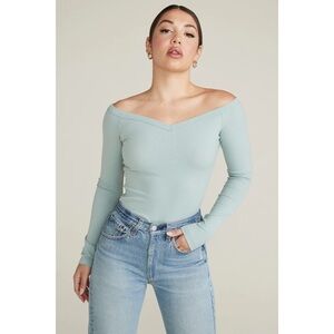 Belen Mint Green Stella Ribbed Long Sleeve Off the Shoulder V-Neck Top EUC Sz M